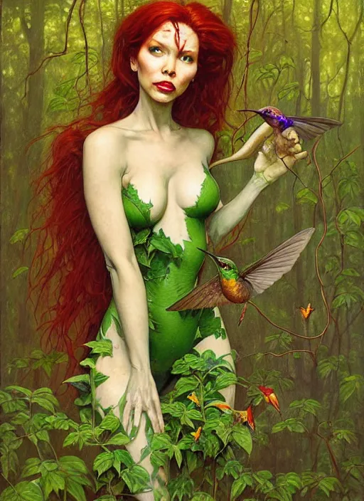 Prompt: a hyper realistic painting of poison ivy with playing with a hummingbird in the woods gorgeous lighting, k _ lms lush forest foliage painting by chiara bautista and beksinski and norman rockwell and greg rutkowski weta studio, and lucasfilm