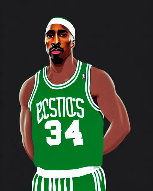 Image similar to portrait of tupac shakur, boston celtics jersey number 3 4, green, white, cartoon digital art, oil on canvas, trending on artstation, octane render