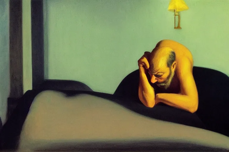 Prompt: A lonely man experiences existential angst as he stares at his smartphone in a dark and empty bedroom, by Edward Hopper, highly detailed, 8k