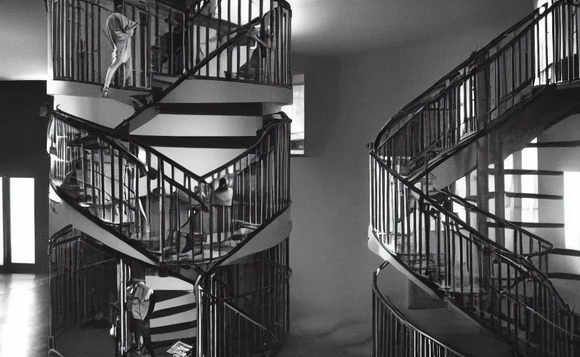 Image similar to zoomed out photo of frank ocean walking up a spiral staircase in the centre of the room, greyscale,