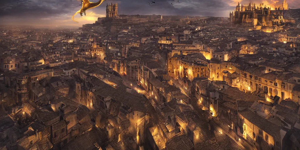 Image similar to the monumental city of caceres with a dragon flying over it, dramatic lighting, cinematic, extremly high detail, photorealistic, cinematic lighting, post processed, concept art, artstation, matte painting, style by greg rutkowsky