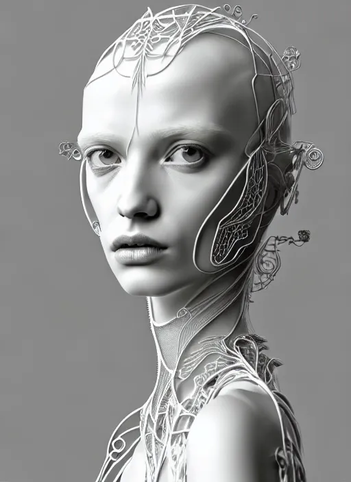 Prompt: dreamy soft luminous bw 3 d octane render, beautiful spiritual angelic biomechanical albino girl cyborg with a porcelain profile face, very long neck, rim light, big leaves and stems, roots, fine foliage lace, alexander mcqueen, art nouveau fashion embroidered collar, steampunk, silver filigree details, hexagonal mesh wire, mandelbrot fractal, elegant