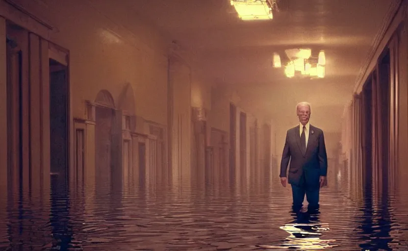 Prompt: joe biden from cars in a flooded fractal hallway, romance novel cover, in 1 9 9 5, y 2 k cybercore, low - light photography, still from a ridley scott pixar movie