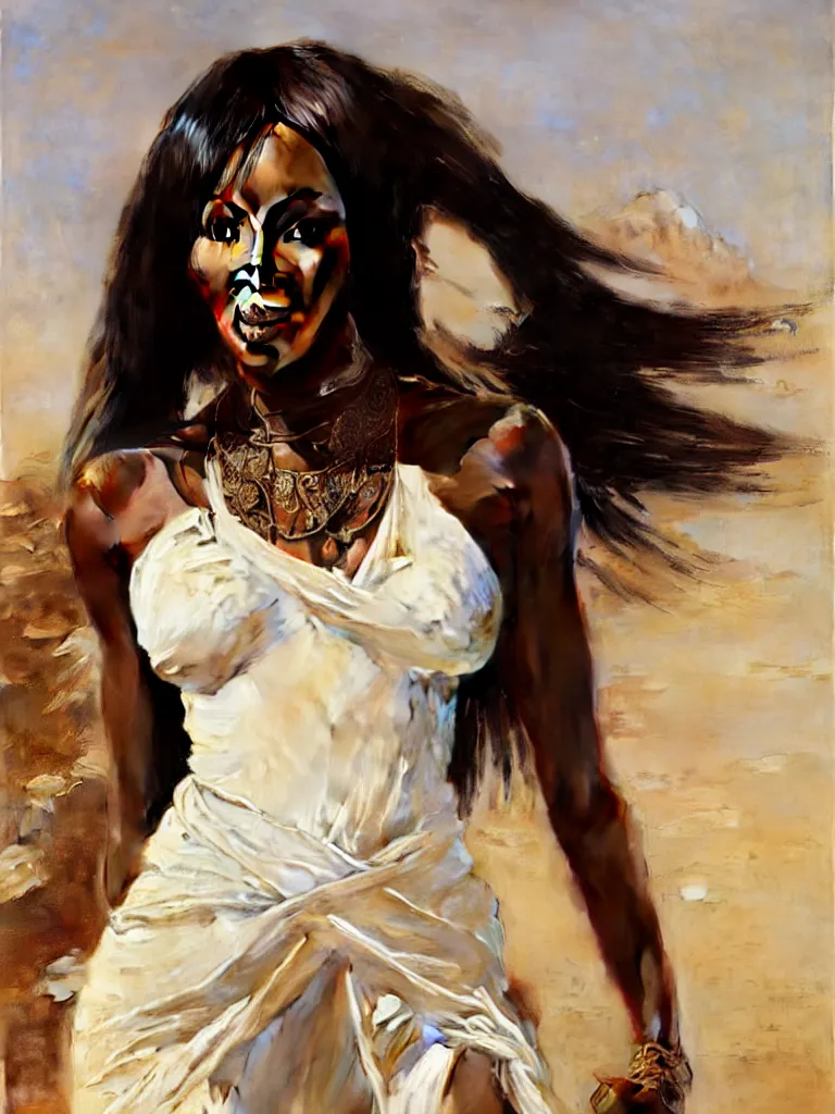 Prompt: Portrait of Naomi Campbell in the Libyan desert, white skirt and barechest, intricate, elegant, highly detailed, artstation, concept art, intricate, highly detailed, sharp focus, ruan jia, jurgens, orientalism, bouguereau