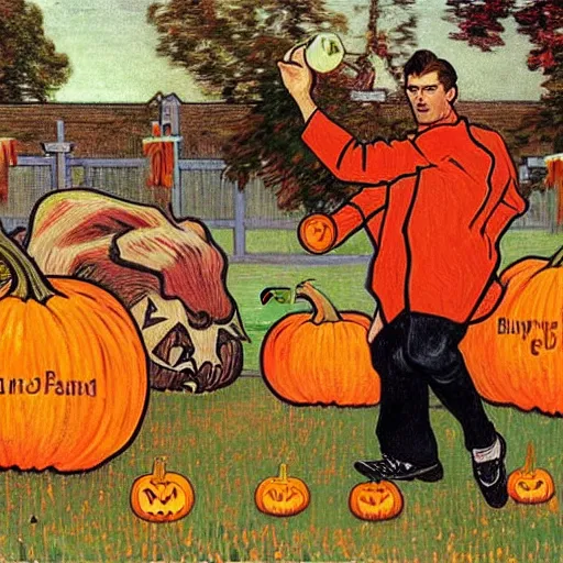 Image similar to painting of arkansas razorbacks playing football with pumpkins at the halloween! party, bubbling cauldron!, candles!, graveyard, gravestones, ghosts, smoke, autumn! colors, elegant, wearing suits!, clothes!, delicate facial features, art by alphonse mucha, vincent van gogh, egon schiele