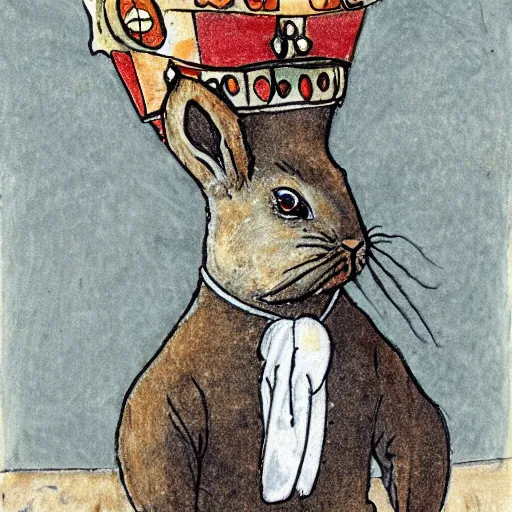 Image similar to a rabbit wearing a crown, in the style of carl larsson