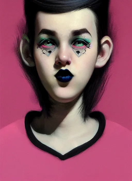 Image similar to portrait of a plump teenager with a crooked nose and a confident expression, 1 9 6 0 s, black clothes, goth, punk, brightly coloured hair, funk, intricate, elegant, highly detailed, digital painting, artstation, concept art, smooth, sharp focus, illustration, art by wlop, mars ravelo and greg rutkowski