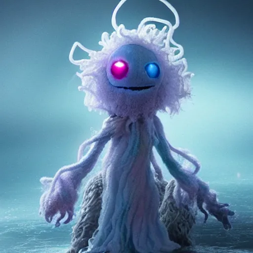 Image similar to a fluffy humanoid ethereal ghost like live action muppet wraith like figure with a squid like parasite taking over its head and four long tentacles for arms that flow gracefully at its sides like a cloak while it floats around a frozen rocky lake in the middle of the frozen woods searching for lost souls and that hides amongst the shadows in the trees, this character can control the ice and snow and has mastery of the shadows, it is known as the bringer of nightmares and the ruler of endless night terrors, it is a real muppet by sesame street, photo realistic, real, realistic, felt, stopmotion, photography, sesame street