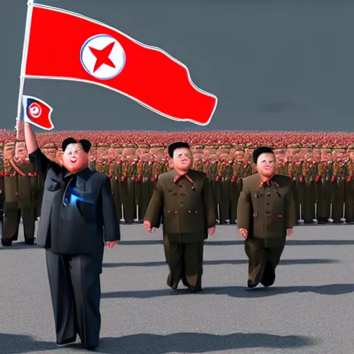 Image similar to screaming kim jong un doll leading a parade of himself octane render