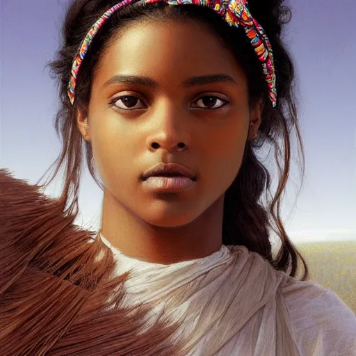 Prompt: artstation concept of a beautiful girl with a bow, brown skin, sweaty skin, symmetrical face, casual white garment, white desert background, shiny colorful, hyperdetailed, artstation trending, world renowned artists, worth1000.com, historic artworks society, antique renewal, cgsociety, by greg rutkowski, by Gustave Doré, Deviantart