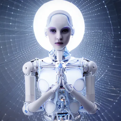 Prompt: beautiful centered fine art photo portrait of romantic beautiful girl as a solarpunk robotic humanoid, white mechanical parts with led lights, ballet style pose, photorealistic, white background, highly detailed and intricate, soft box lighting, hdr 8 k
