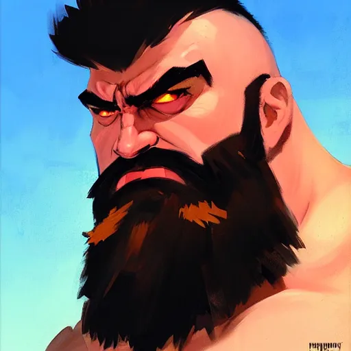 Image similar to Greg Manchess portrait painting of Zangief as Overwatch character, medium shot, asymmetrical, profile picture, Organic Painting, sunny day, Matte Painting, bold shapes, hard edges, street art, trending on artstation, by Huang Guangjian and Gil Elvgren and Sachin Teng