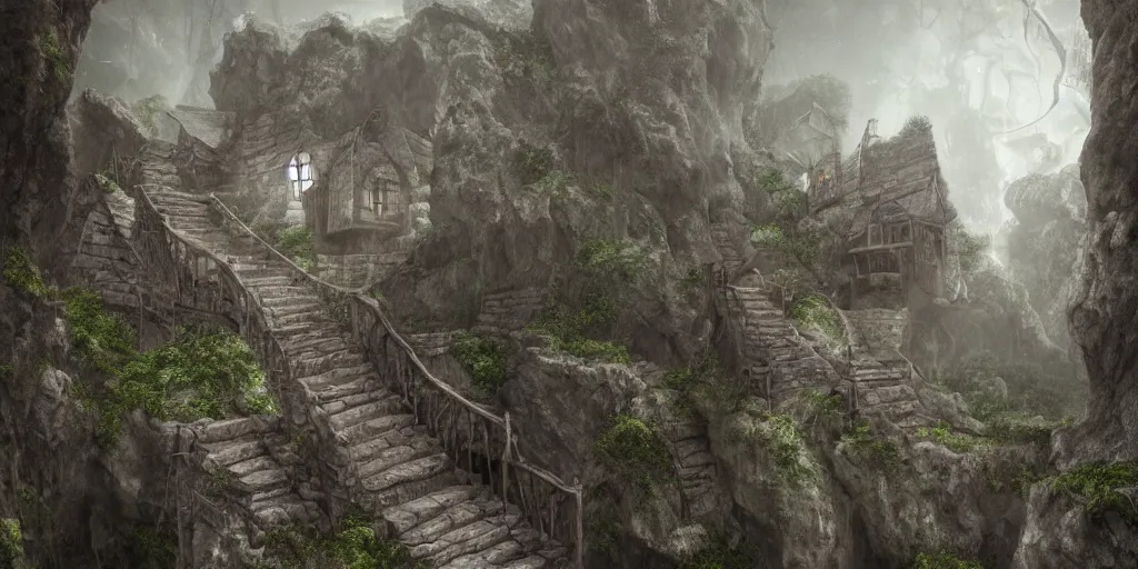 Image similar to very a deep chasm, houses are carved into the sidewalls, long winding stairs going down, 8 k, shallow depth of field, moody lighting, ultra high detail, concept art,