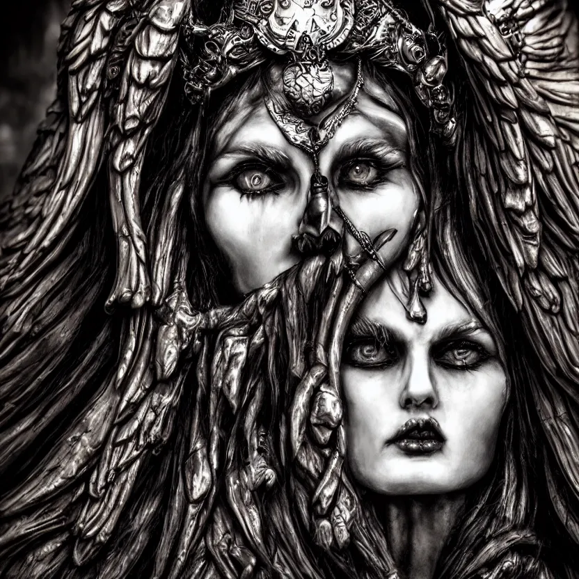 Image similar to candid photography, close up portrait, goddess of death, by anne stokes, photorealism, highly detailed, uhd