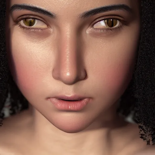 Prompt: portrait of a young lady with curly black hair with, round face, big brown eyes, picture, hyperrealistic, focused, hyper realistic, ultra detailed, volumetric lighting, 8 k post