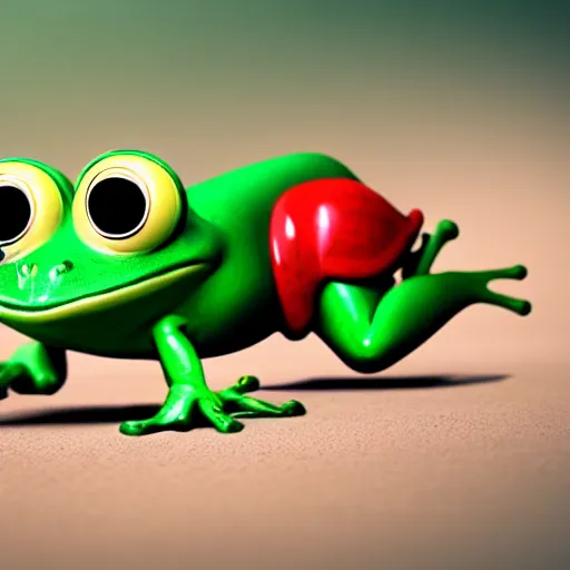 Image similar to cute frog running late for school, octane render, cute