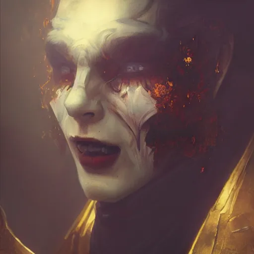 Prompt: portrait painting of a noble vampire monster, mysterious atmospheric lighting, teeth, manor, medieval, dark fantasy, painted, intricate, volumetric lighting, rich deep colours masterpiece, golden hour, sharp focus, ultra detailed, by ruan jia