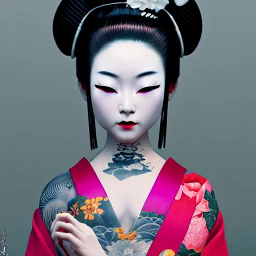 Image similar to an android geisha in a lotus position wearing a flowing kimono and tattoos, octane render, unreal engine, 8 k, cinematic, artwork by ilya kuvshinov