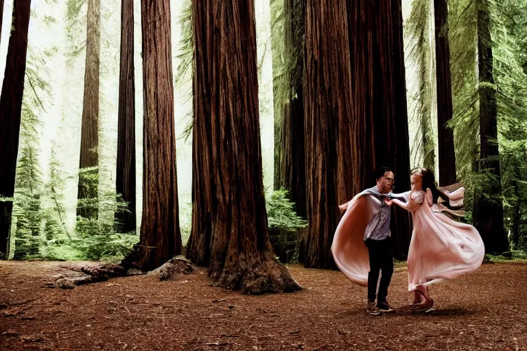 Image similar to cinematography closeup portrait of couple dancing in the redwood forest, thin flowing fabric, natural light by Emmanuel Lubezki