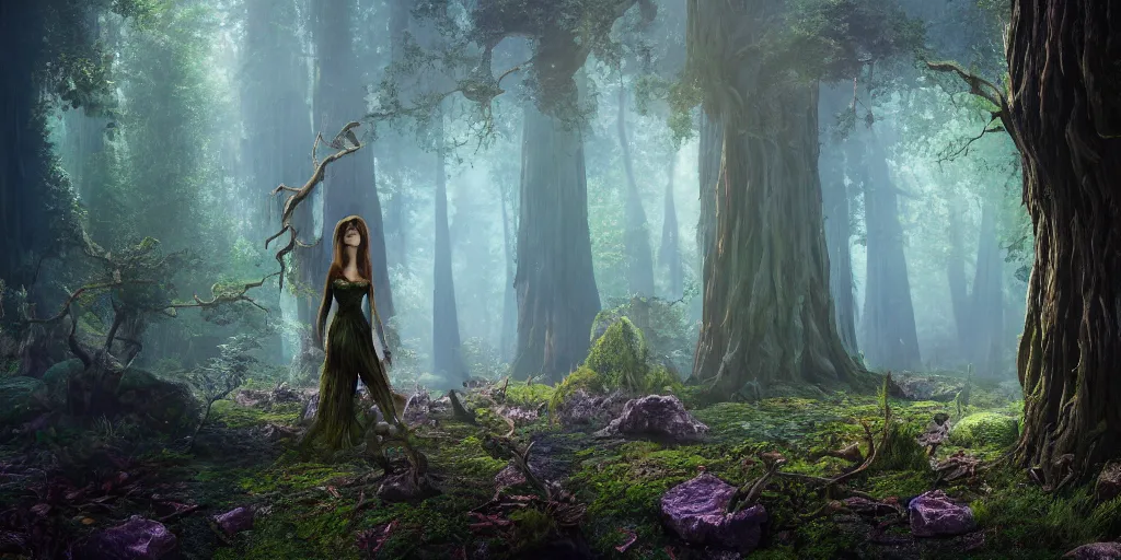 Image similar to detailed matte painting of a magical dryad witch in a redwood forest, dramatic lighting and composition, highly detailed, spells, magic, surreal background, octane render, pixar, trending on artstation, concept art, comic book, volumetric lighting 8 k