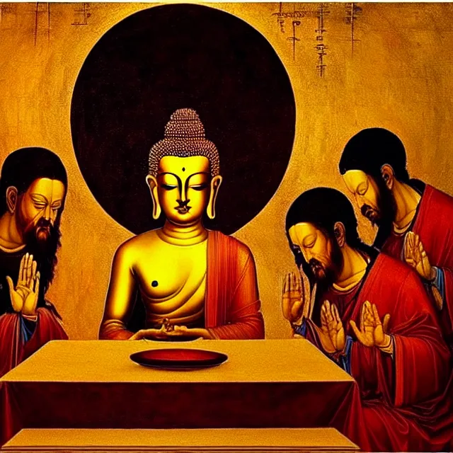 Image similar to a beautiful painting cyberpunk gold buddha the last supper, by leonardo da vinci realistic oil painting