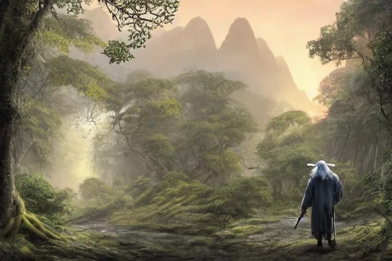 Prompt: ancient old wizard Gandalf the grey walking through the forest in the background during a beautiful sunset, jungle mountains in the background with huge incredibly immense trees, highly detailed, trending on art station, flying birds in the distance, ancient forest like fanal forest or fangorn forest, misty forest, realistic painting, sharp image, jurassic image, hyper realistic art, highly detailed leaves, cinematic