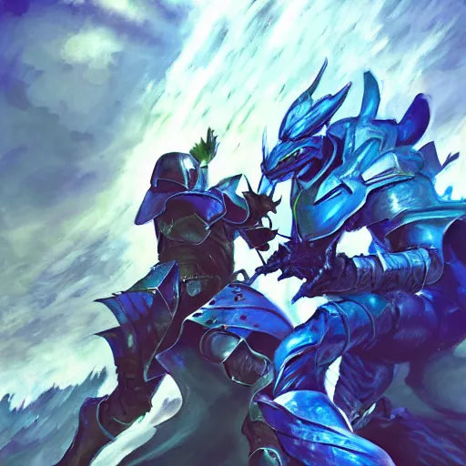 Image similar to dragon fire vs blue armor knight shield, close up, anime, green car hatchback, desert landscape, greg manchess, akehiko inoue and ross tran, Pyromallis Nekro Rene Margitte