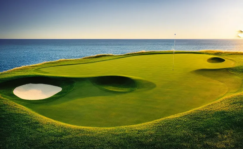 Image similar to a great photograph of the most amazing golf hole in the world, cliffs by the sea, perfect green fairway, human perspective, ambient light, 5 0 mm, golf digest, top 1 0 0, golden hour