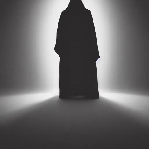 Prompt: a figure shrouded in a pitch black robe descending a white grand staircase in a black room, photorealism, dramatic lighting, serious, gloomy, forboding