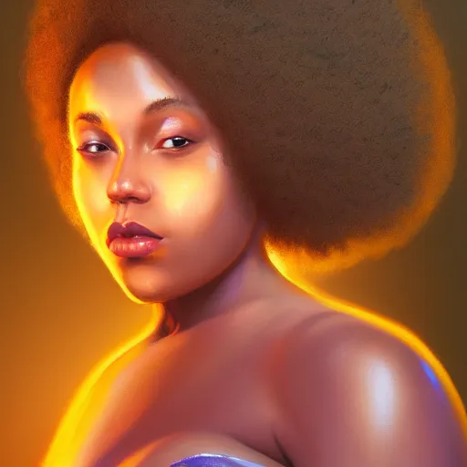 Image similar to beautiful oil painting of a fat light skinned woman with an afro, beautiful eyes, artstation, volumetric lights, highly detailed, concept art, sharp focus, beautiful face