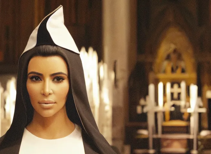 Image similar to a movie still of kim kardashian as a nun with her bust slightly showing. backround : church interior