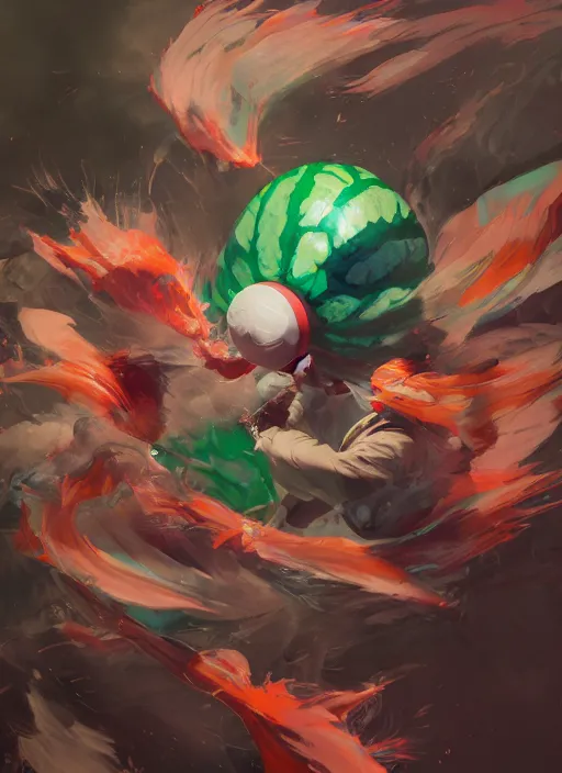 Prompt: semi reallistic gouache gesture painting, by yoshitaka amano, by ruan jia, by conrad roset, by dofus online artists, detailed anime 3 d render of an watermelon exploding in hundred of pieces, portrait, cgsociety, artstation, rococo mechanical, digital reality, sf 5 ink style, dieselpunk atmosphere, gesture drawn