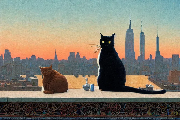 Image similar to painting of a cat, in a rooftop, watching new york, beautiful, sunset, romantic, by ludwig deutsch and maxfield parrish, patterned tilework, extremely detailed, cinematic lighting, smooth sharp focus