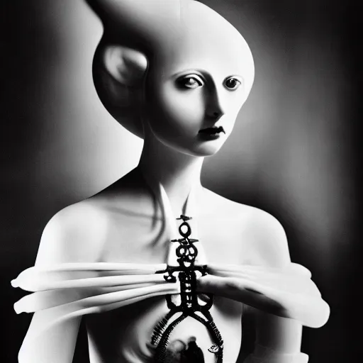 Prompt: black and white photographic dreamy portrait, biomechanical beautiful young female priestess, volumetric light, rim light, by dora maar and cecile beaton, big gothic fashion pearl embroidered collar, 8 k