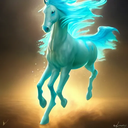 Image similar to a fantastical transparent small turquoise spirit horse made of water and foam and algae, splashing water, wave, translucent, ethereal, noble, radiant, hyperalism, scottish folklore, digital painting, artstation, concept art, smooth, 8 k frostbite 3 engine, ultra detailed, art by artgerm and greg rutkowski and magali villeneuve