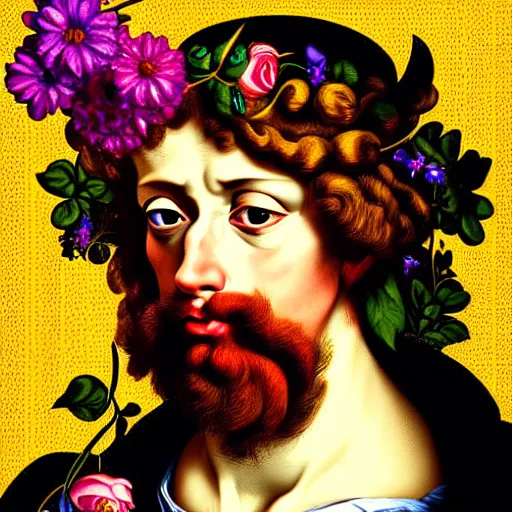 Prompt: hyperdetailed half - lenght portrait of a decomposinf man with one eye filled with flowers. art nouveau rococo baroque in the style of caravaggio. maximalist unexpected elements hd 8 x matte background in vibrant vivid pastel colour textures