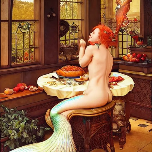 Image similar to realistic Kitchen scene with a cook presenting a beautyful cooked mermaid lying on a platter with an apple in her mouth, drawn by Donato Giancola and Tom Bagshaw face by Artgerm and Edmund Leighton