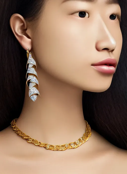 Prompt: realistic beautiful matte airbrush of a gold chain earring with a shiny diamond, inspired by 8 0's airbrush, art by pater sato and masao saito and yosuke onishi