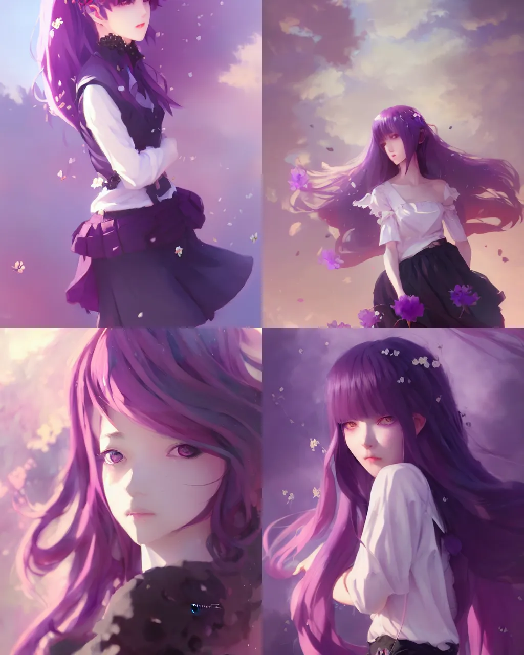 Image similar to girl with purple hair and black skirt, flower decoration on the background, a beautiful half body illustration, top lighting, perfect shadow, soft painting, art by hidari and krenz cushart and wenjun lin