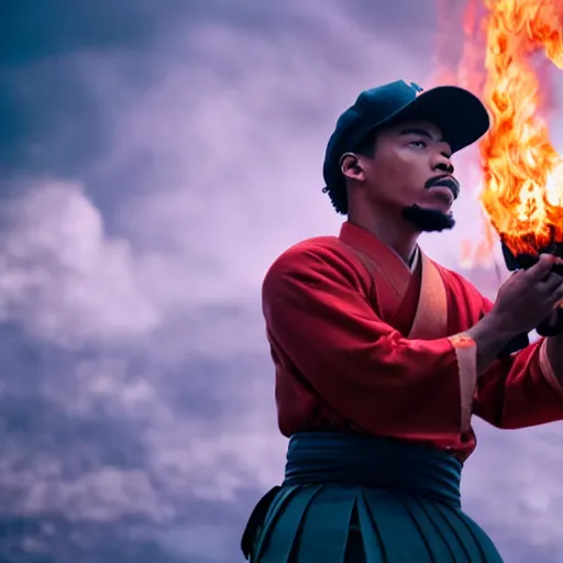 Image similar to cinematic film still of Chance The Rapper starring as a Samurai holding fire, Japanese CGI, VFX, 2022, 40mm lens, shallow depth of field, film photography