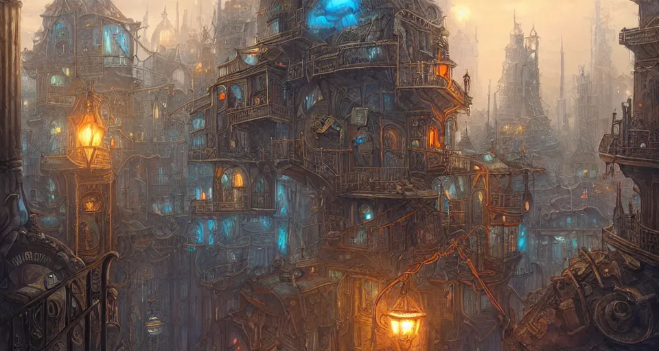 Image similar to landscape painting of fantasy metal steampunk city that has a light blue glow with walkways and lit windows and a fine detailed hooded thief in browns leathers climbing one of the tall buildings using a rope, fine details, magali villeneuve, artgerm, rutkowski