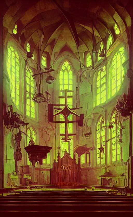 Image similar to Interior shot of a church by Petros Afshar and Beeple, James Gilleard, Mark Ryden, Wolfgang Lettl highly detailed