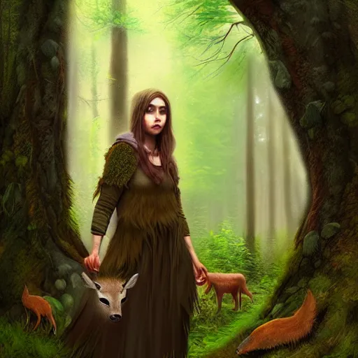 Image similar to a female woodland druid surrounded by forest animals, in the woods, hyper realistic, digital painting, photorealistic, in the style of greg rutkowski, detailed face