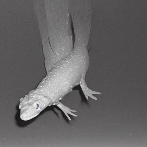 Image similar to giant mutant axolotl escaping from a secret government lab, black and white, leaked cctv footage