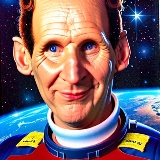 Prompt: uhd photorealistic cosmic chris barrie as arnold j. rimmer in space. amazing detail, correct face, symmetrical face, by karol bak and zawadzki, hyperdetailed. intricate details with studio lighting.