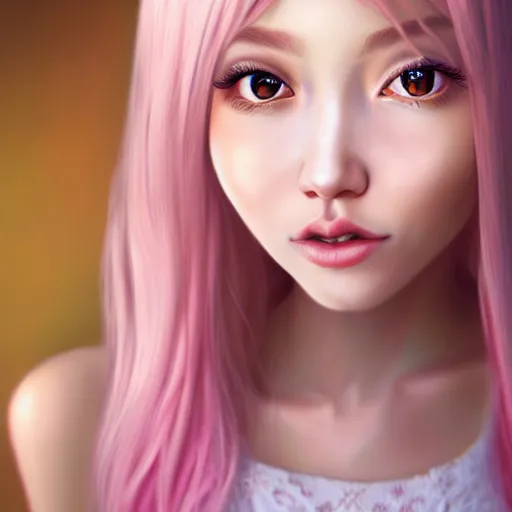 Image similar to beautiful hyperrealism hyperdetailed portrait of nikki from shining nikki dress - up game, a cute young woman, light pink hair, long hair with full bangs, full heart - shaped face, amber eyes, pale skin, light blush, chinese heritage,, smiling softly, golden hour, soft focus, 8 k,