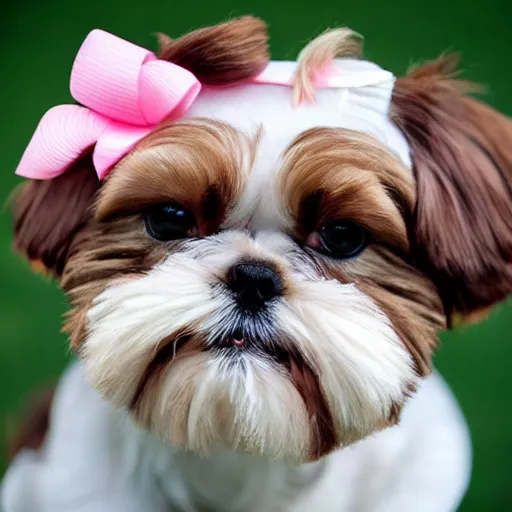 Image similar to shih tzu, brown and white, wearing a pink bow, life photography