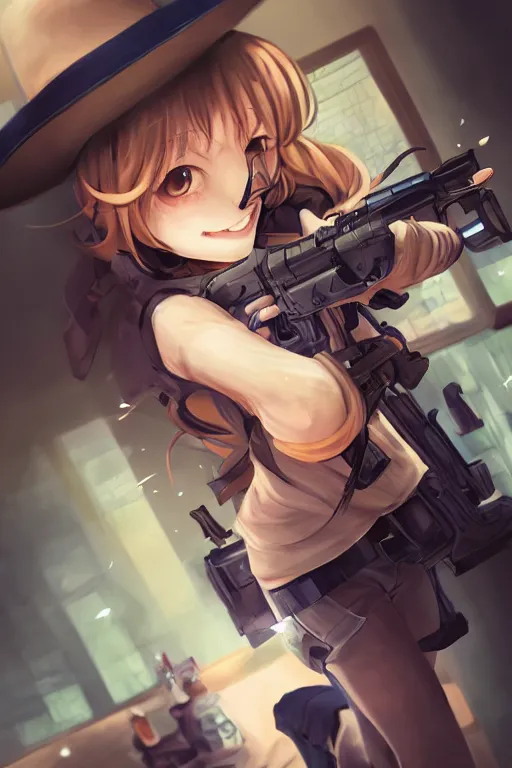Prompt: illustration of a girl smiling holding a gun, drawn by mai yoneyama and mitsume takahashi, detailed, dynamic lighting, trending on pixiv, digital art, anime art, detailed face, high saturation,