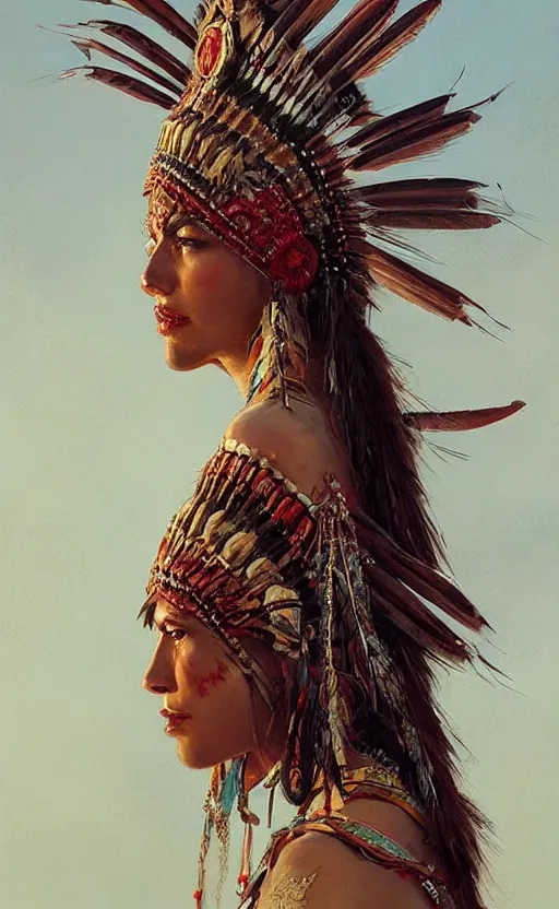 Image similar to gorgeous redskin woman wearing headdress, intricate, elegant, highly detailed, artstation, concept art, smooth, sharp focus, illustration, art by stefan kostic and greg rutkowski