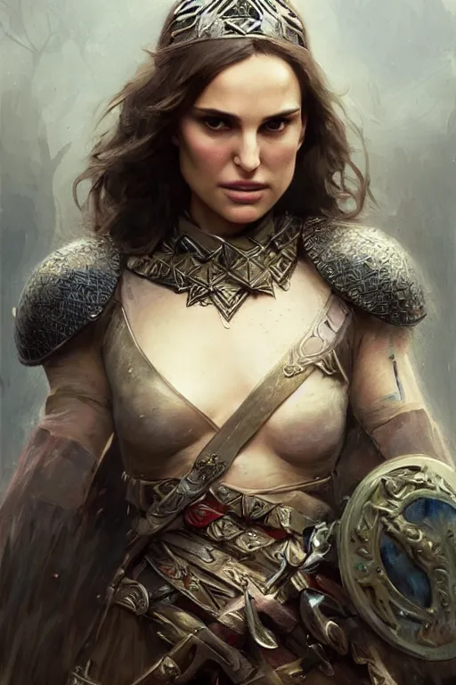 Image similar to natalie portman, legendary warrior, heroic, lord of the rings, tattoos, decorative ornaments, battle armor, by carl spitzweg, ismail inceoglu, vdragan bibin, hans thoma, greg rutkowski, alexandros pyromallis, perfect face, fine details, realistic shading photorealism